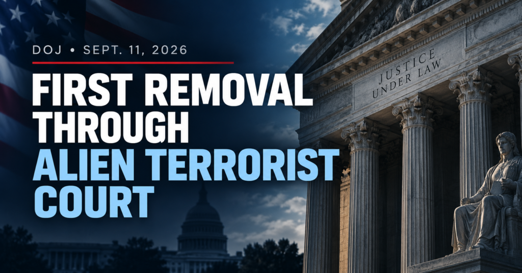 News graphic for the first removal through the U.S. Alien Terrorist Removal Court