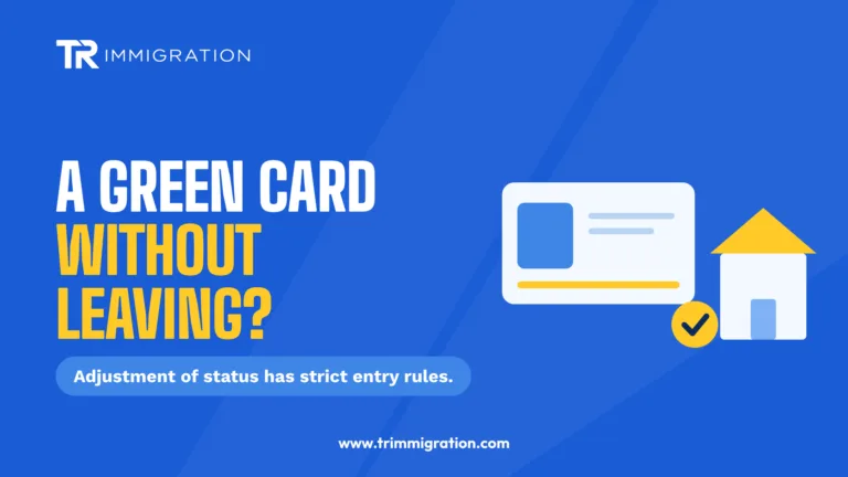 Green card style ID card with an arrow to a petition illustrating adjustment of status inside the United States