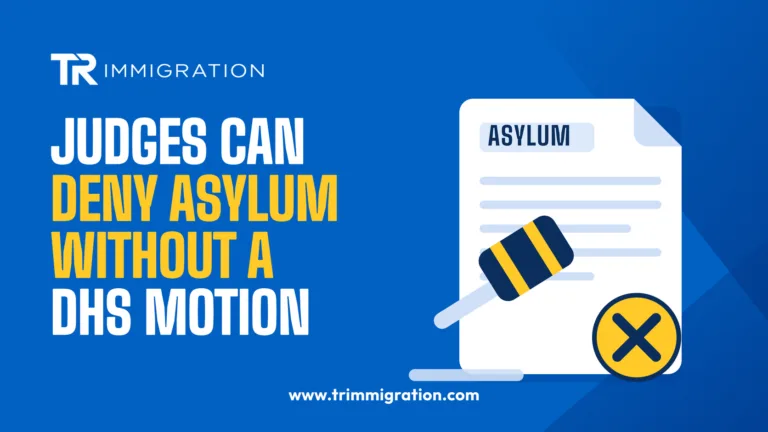 Asylum application document with a gavel and a denied mark, illustrating the BIA ruling on pretermission without a DHS motion