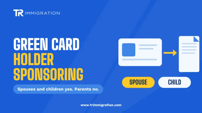 Green card style ID card with an arrow toward a family petition document illustrating sponsorship by a permanent resident