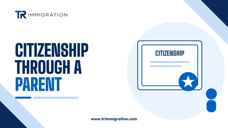 Certificate with a star seal and a small child figure illustrating citizenship passed from a parent to a child