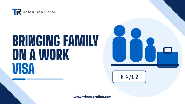 Three family figures beside a briefcase illustrating dependents on a U.S. work visa