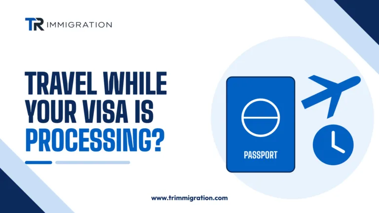 Passport with an airplane and a pending status clock illustrating travel while a U.S. visa is being processed