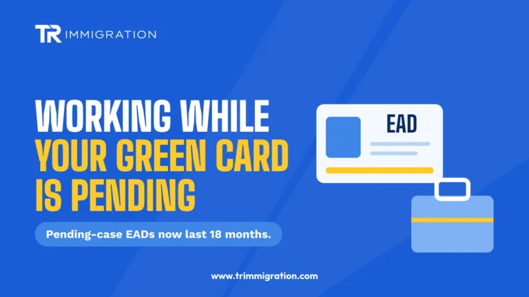 Employment authorization card beside a briefcase illustrating working while a green card application is pending