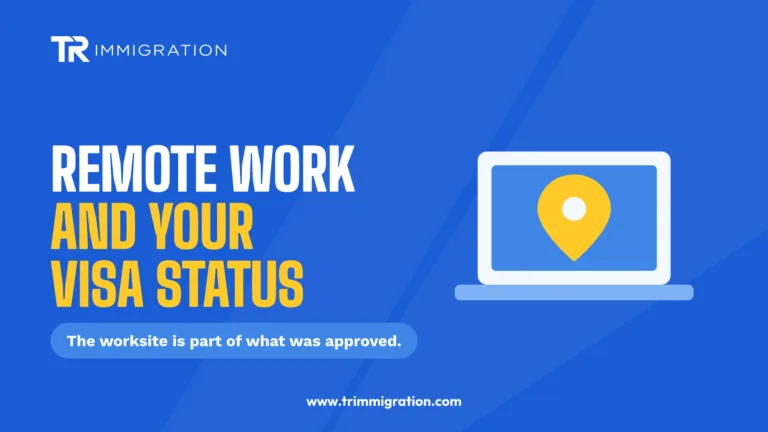 Laptop with a map location pin and a small house illustrating how remote work location can affect visa status