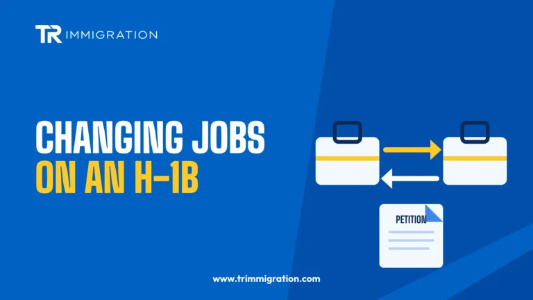 Two briefcases connected by arrows with a petition document illustrating an H-1B change of employer