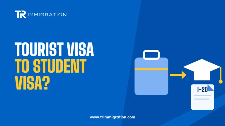 Suitcase with an arrow to a graduation cap illustrating a change from tourist to student visa status
