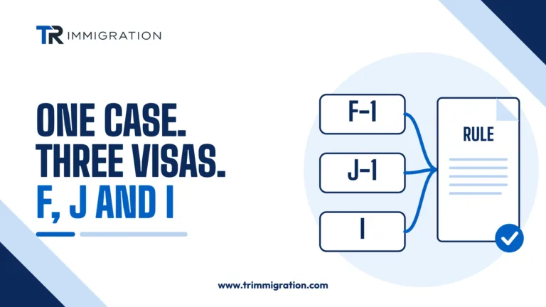 Three visa cards labeled F-1, J-1 and I connected to one court document, illustrating a single lawsuit affecting three visa groups