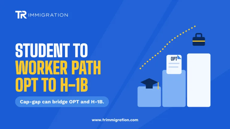 Three-step staircase from graduation cap to OPT document to H-1B briefcase showing the student to worker path