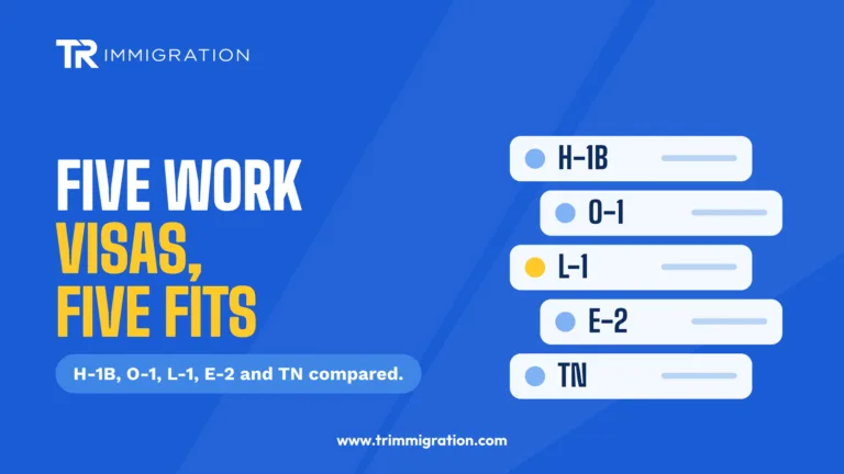 Five labeled cards for H-1B, O-1, L-1, E-2 and TN work visas arranged in a fan for comparison