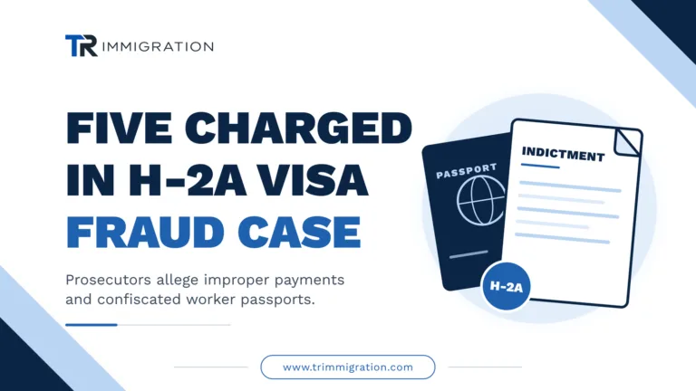 Illustration of an indictment document and a passport under the headline Five Charged in H-2A Visa Fraud Case