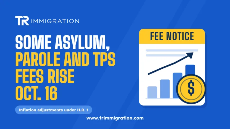 Fee notice with a rising bar chart and a dollar coin, illustrating the October 16 USCIS fee increases for asylum, parole and TPS filings
