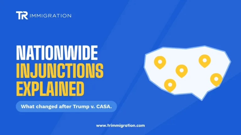 Map shape with location pins and a gavel illustrating nationwide injunctions against immigration policies