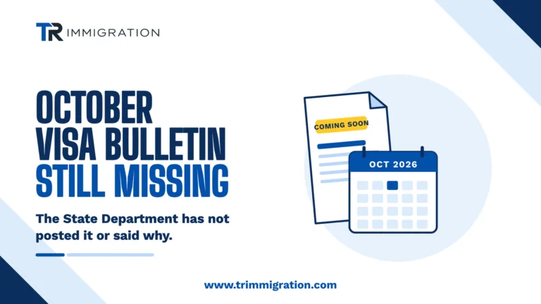 Illustration of a visa bulletin document marked coming soon beside an October 2026 calendar, representing the delayed October 2026 Visa Bulletin