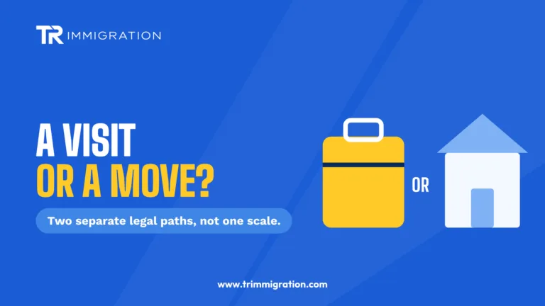 Suitcase on one side and a house on the other illustrating the difference between a tourist visit and moving to the United States
