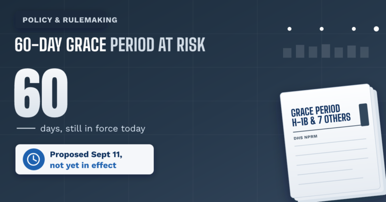 DHS proposes ending the 60-day grace period after job loss. It is not in effect. - TR Immigration News & Analysis thumbnail graphic
