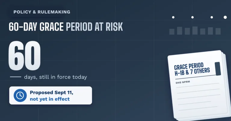 DHS proposes ending the 60-day grace period after job loss. It is not in effect. - TR Immigration News & Analysis thumbnail graphic