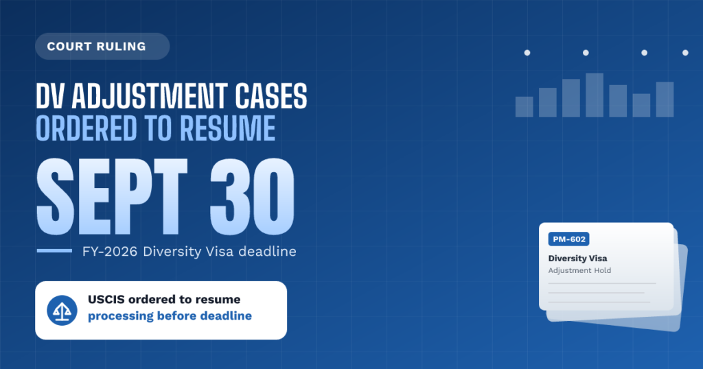 DV adjustment cases ordered to resume - TR Immigration News & Analysis thumbnail graphic
