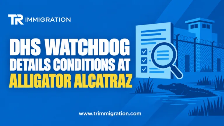 TR Immigration graphic: DHS watchdog details conditions at Alligator Alcatraz, with an inspection checklist, magnifying glass, detention fence and alligator