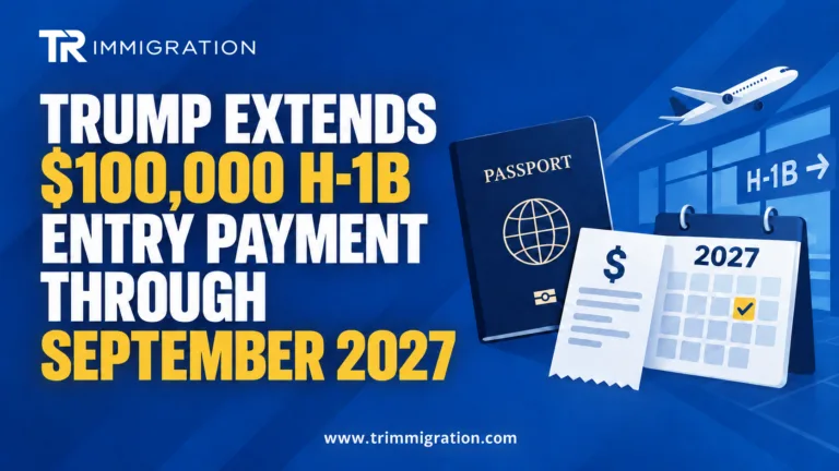 TR Immigration graphic: $100,000 H-1B entry payment extended through September 2027, with a passport, receipt and 2027 calendar
