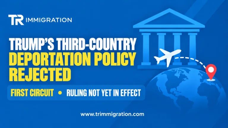 TR Immigration graphic: Trump’s third-country deportation policy rejected by the First Circuit, with a courthouse, airplane and globe