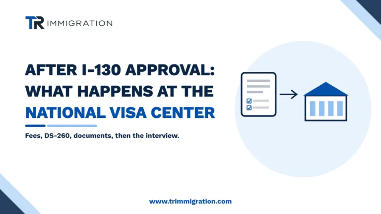 A document checklist and an embassy building illustrating the National Visa Center process after I-130 approval