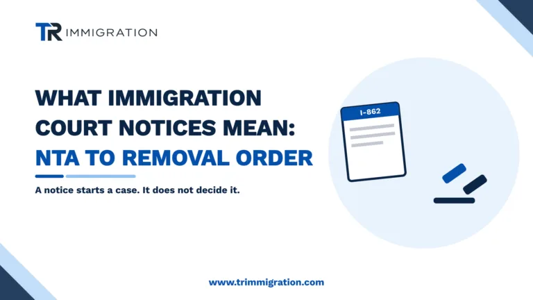 A Form I-862 Notice to Appear document and a gavel illustrating the immigration court process