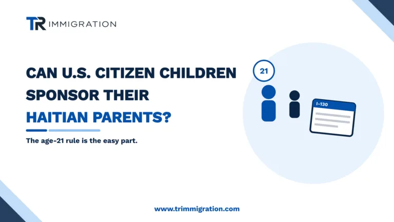 Two figures with an age 21 badge and a Form I-130 petition illustrating a citizen child sponsoring a parent