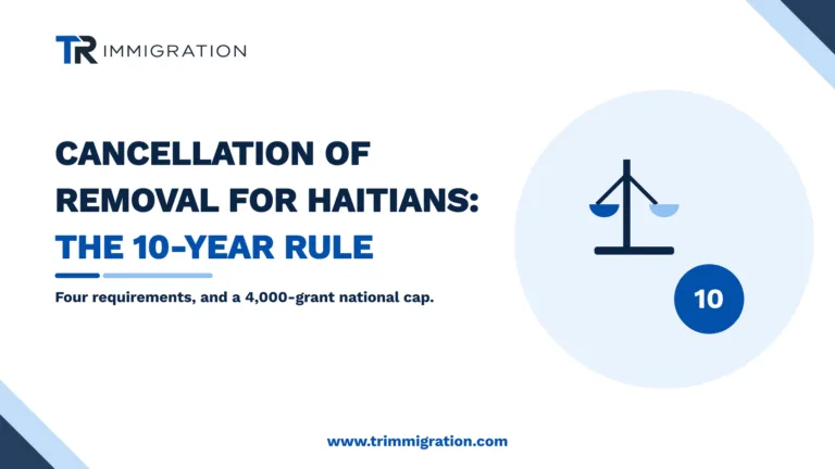 A scale of justice and the number 10 illustrating the 10-year cancellation of removal standard