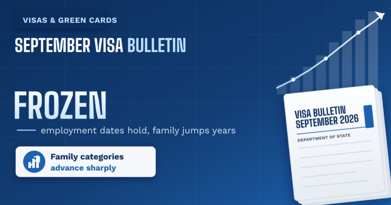 The September 2026 visa bulletin: employment dates hold still, family lines jump years - TR Immigration News & Analysis thumbnail graphic