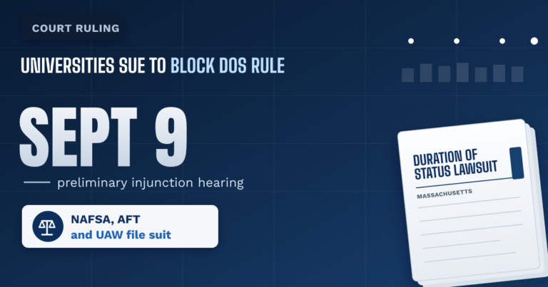 Universities and unions are suing to block the duration of status rule. The hearing is September 9. - TR Immigration News & Analysis thumbnail graphic