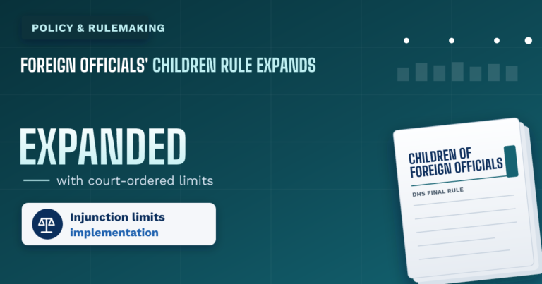 DHS expands rule for children of foreign government employees, with court limits on implementation - TR Immigration News & Analysis thumbnail graphic