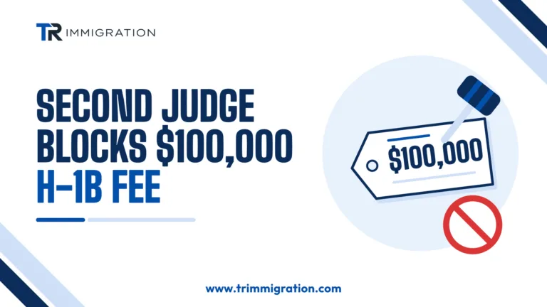Price tag reading $100,000 with a blocked symbol and a gavel, illustrating a second judge blocking the H-1B fee