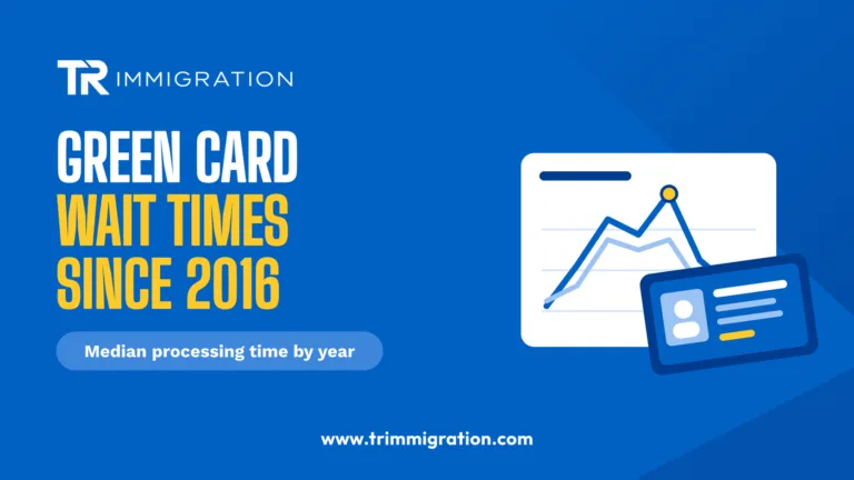 Illustration of a line chart and a green card representing I-485 green card processing time trends