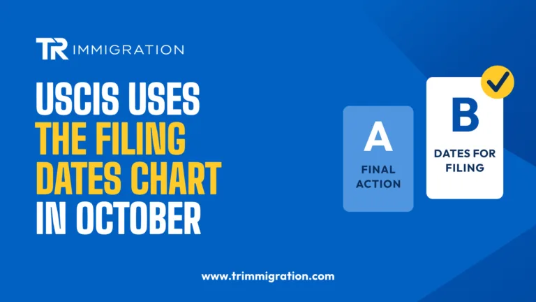 Illustration of two visa bulletin charts, A and B, with a checkmark on the Dates for Filing chart for October 2026