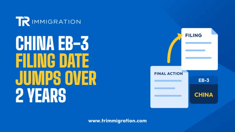 Illustration of a filing document and a final action document with an arrow for China EB-3 dates in the October 2026 Visa Bulletin