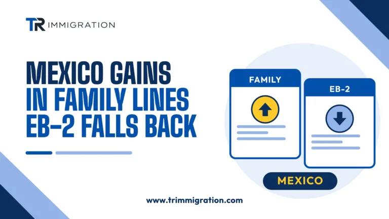 Illustration of a family card with an up arrow and an EB-2 card with a down arrow for Mexico dates in the October 2026 Visa Bulletin