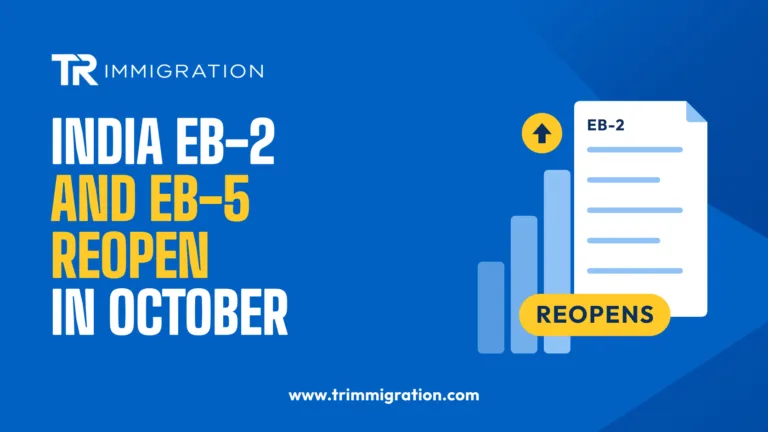 Illustration of an EB-2 document with a reopens tag and rising bars for India green card dates in the October 2026 Visa Bulletin