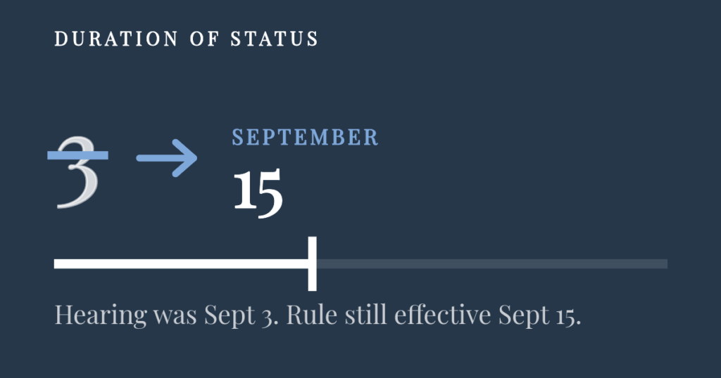 The number 3 struck through and replaced by 15, marking September dates for the duration of status case