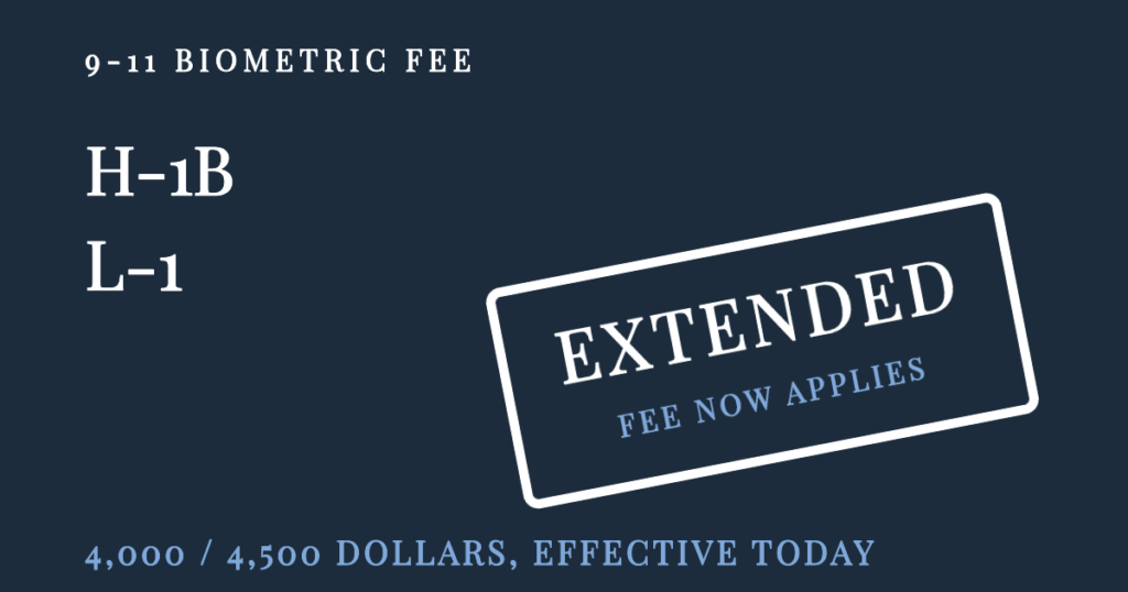 H-1B and L-1 extension petitions stamped extended, marking the 9-11 biometric fee now applying to routine extensions with the same employer