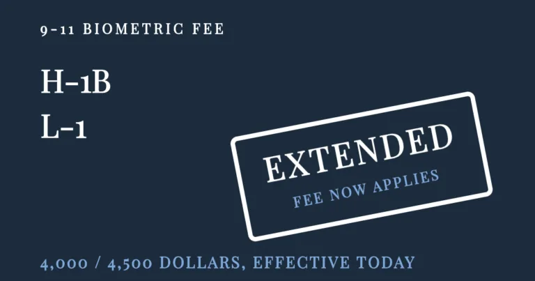 H-1B and L-1 extension petitions stamped extended, marking the 9-11 biometric fee now applying to routine extensions with the same employer