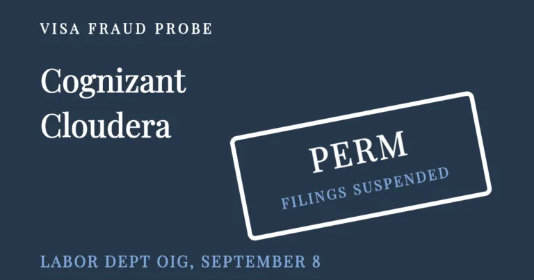 Cognizant and Cloudera under a stamp reading PERM filings suspended, marking the Labor Department fraud investigation