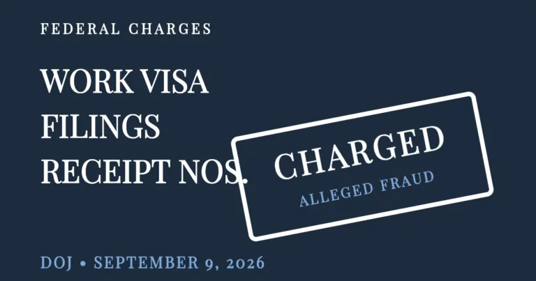 Editorial graphic showing work-visa filings stamped CHARGED and ALLEGED FRAUD