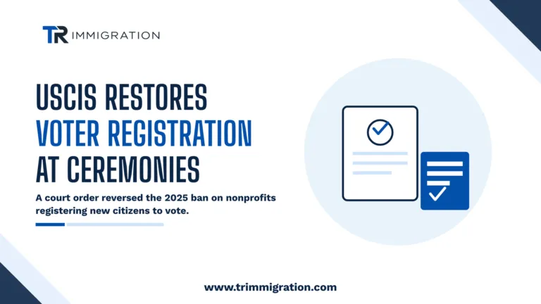 Illustration of a checklist document and voter registration card, representing USCIS restoring nonprofit voter registration at naturalization ceremonies