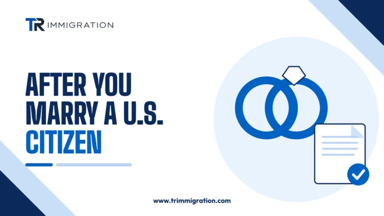 Two interlocking rings beside a document with a checkmark illustrating the steps after marrying a U.S. citizen