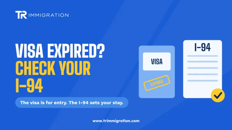 Expired visa stamp next to a valid I-94 record illustrating the difference between visa expiration and authorized stay