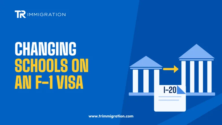 Two school buildings linked by an arrow with a Form I-20 document illustrating a school transfer on an F-1 visa