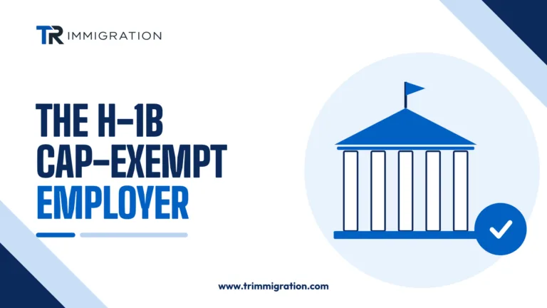 University building with columns and a checkmark badge illustrating H-1B cap-exempt employers