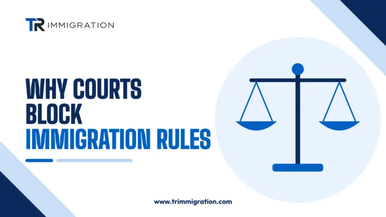 Scales of justice beside a rule document illustrating why federal courts block immigration rules