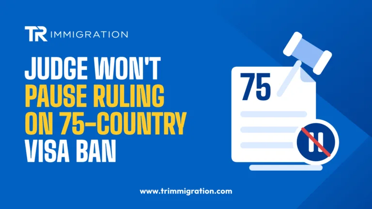 Document marked 75 with a gavel and a crossed-out pause symbol, showing a judge denying a stay of the 75-country visa ruling